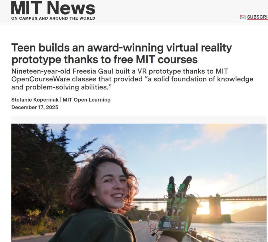 MIT News story about Freesia building an award-winning VR prototype, photographed with a haptic glove by the Golden Gate Bridge