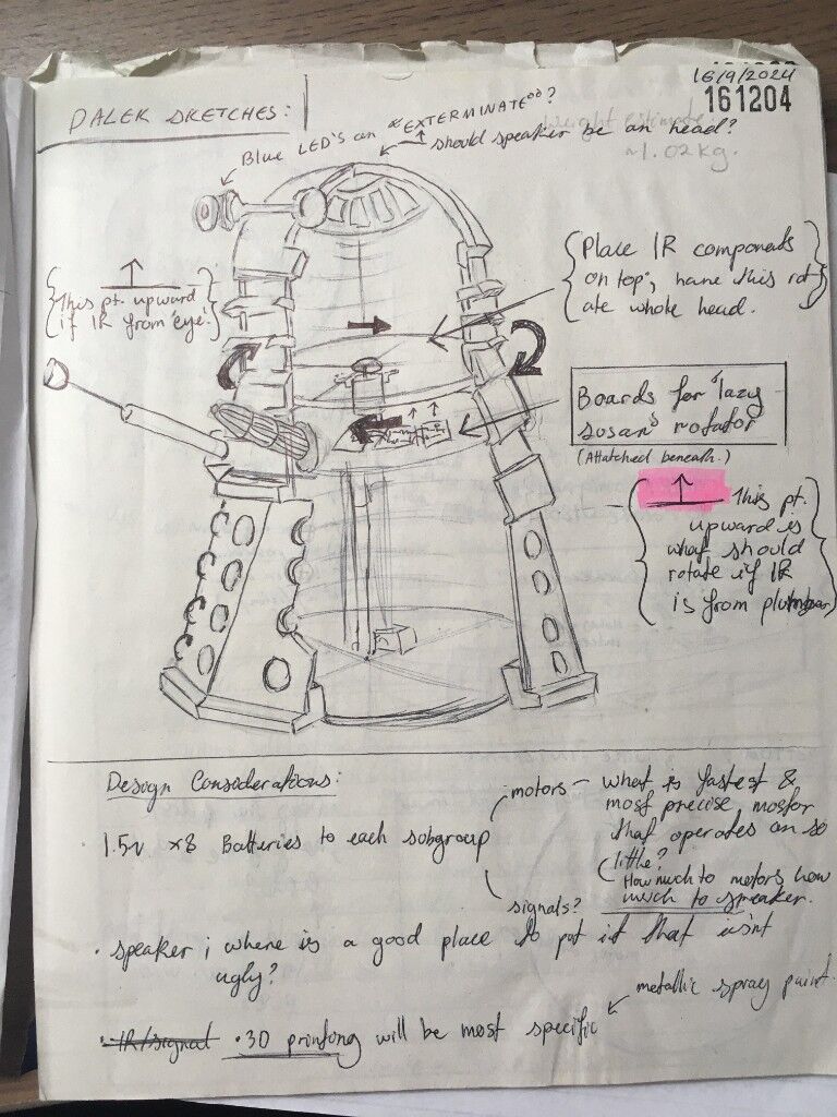 A notebook page titled Dalek sketches, with notes about motors, batteries, and a speaker