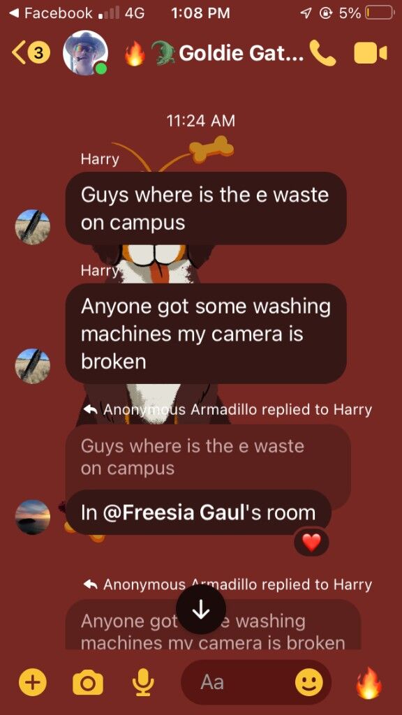 A group chat: e-waste is in Freesia Gaul's room