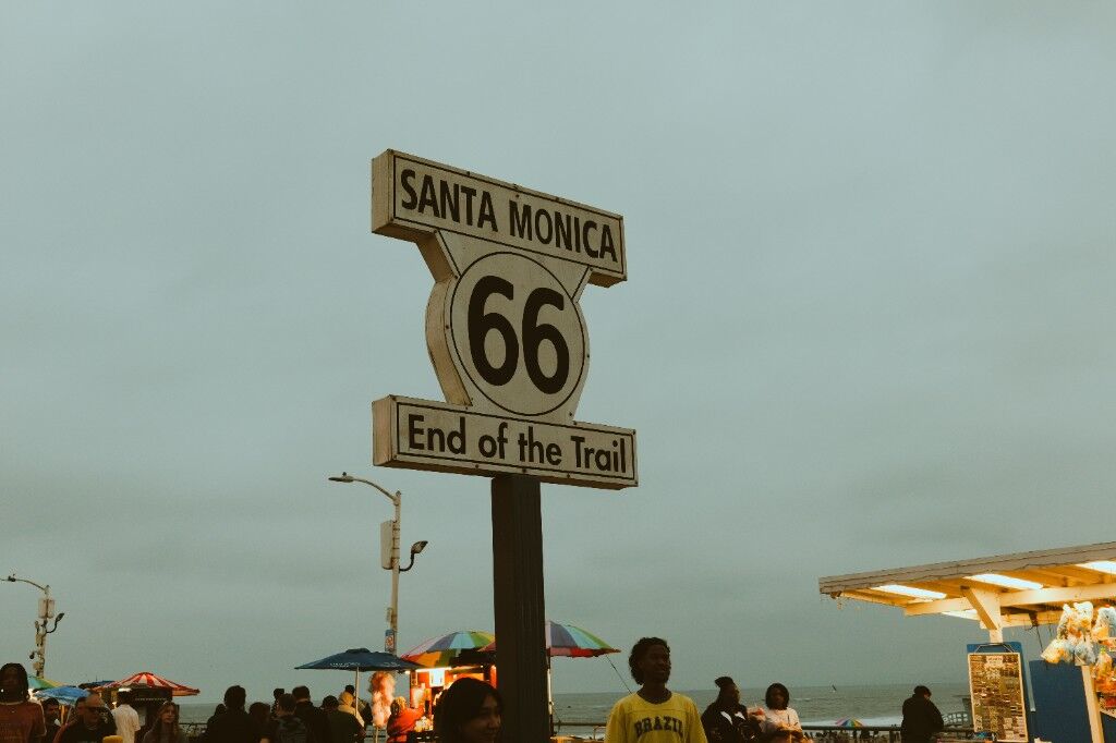 The Santa Monica Route 66 sign, End of the Trail, with the sea behind it